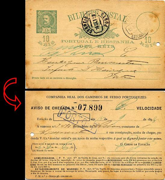 23Lis_0855.jpg -     Lote:    855            Correio Ferroviário       Descrição:         Marcas do correio ferroviário &mdash; Inteiro postal tipo D. Carlos i Mouchon de 10 reis verde, OM23, repicado pela Companhia Real dos Caminhos de Ferro Portuguezes, circulado no Porto (16.09.1898). Marca ferroviária batida a azul escuro "PORTO &mdash; P". MB e MR.        IC       Valor Base:     &euro; 75,00     Valor Venda:     Retirado     