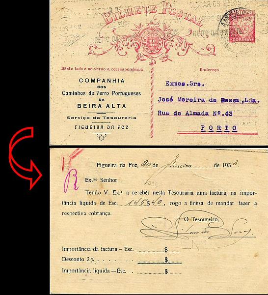 23Lis_0861.jpg -     Lote:    861            Correio Ferroviário       Descrição:         Correio ferroviário. Inteiros repicados. 1931 &mdash; Lusíadas. OM79, 25C carmim, cartolina branca, circulado pela Ambulância Ramal DE Alfarelos (22.01.33) para o Porto (22.01.33). Repicado na frente pela "COMPANHIA DOS CAMINHOS DE FERRO PORTUGUESES DA BEIRA ALTA / Serviço da Tesouraria / FIGUEIRA DA FOZ".        IC       Valor Base:     &euro; 15,00     Valor Venda:     &euro; 15,00     