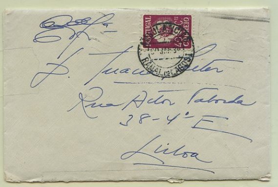 23Lis_0862.jpg -     Lote:    862            Correio Ferroviário       Descrição:         Correio ferroviário. Sobrescrito circulado pela Ambulância Postal * Ramal de Lagos I (30.0139) para Lisboa (31.01.39) com selo de 40c do Congresso do Vinho e da Vinha CE581. Carimbo da ambulância postal batido a preto.        Carta       Valor Base:     &euro; 10,00     Valor Venda:     &euro; 12,00     