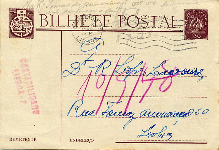23Lis_0864.jpg -     Lote:    864            Correio Ferroviário       Descrição:         Marcas ferroviárias. 1943 &mdash; Selo tipo Caravela. OM98, $30 castanho. Inteiro repicado pela Companhia dos Caminhos de Ferro Portugueses (F218 &mdash; 2-1948), circulado em Lisboa (08.09.48). Carimbo ferroviário batido a vermelho "CONTABILIDADE / LISBOA-P".        IC       Valor Base:     &euro; 12,00     Valor Venda:     &euro; 12,00     