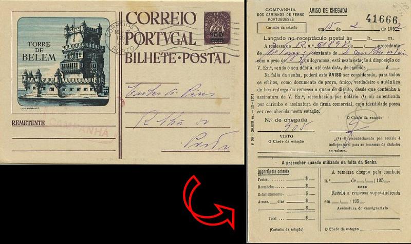 23Lis_0866.jpg -     Lote:    866            Correio Ferroviário       Descrição:         1951 &mdash; Conheça a sua Terra (3.ª série SPP). Inteiro postal OM104T (Lisboa Torre de Belém), $50 s/ $30 castanho (não mencionado por OM) circulado no Porto (16.02.1952). No verso repicado pela Companhia dos Caminhos de Ferro Portugueses (F90 &mdash; 30.000 ex. &mdash; 12-1951), como Aviso de Chegada. Na frente carimbo ferroviário mal batido a vermelho de CAMPANHÃ.        IC       Valor Base:     &euro; 15,00     Valor Venda:     &euro; 80,00     