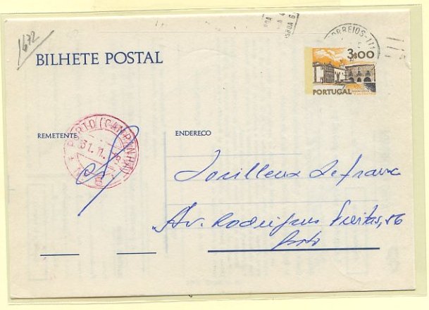 23Lis_0870.jpg -     Lote:    870            Correio Ferroviário       Descrição:         Correios Ferroviário. 1974 &mdash; Paisagens e Monumentos OM168, 3$00 amarelo laranja e castanho, circulado no Porto (31.01.78). Inteiro repicado no verso pela Companhia dos Caminhos de Ferro Portugueses (22-066 F90). Na frente e verso carimbos circulares datados batidos a vermelho de "PORTO (CAMPANHÃ / 31.1.78 / N.º 8). MB e R.        IC       Valor Base:     &euro; 25,00     Valor Venda:     &euro; 65,00     