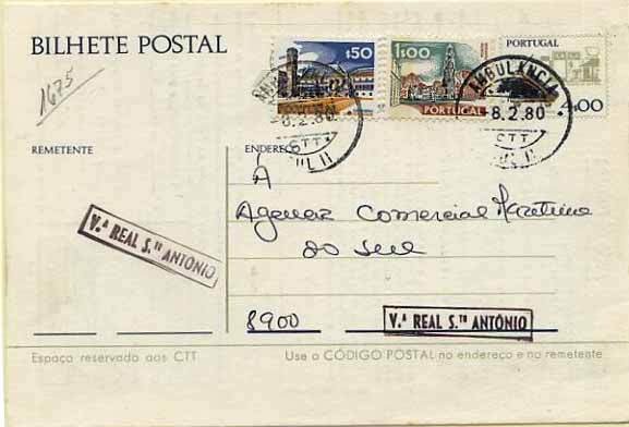23Lis_0871.jpg -     Lote:    871            Correio Ferroviário       Descrição:         Correios Ferroviário. 1974 &mdash; Instrumentos do Trabalho OM170, 4$00, circulado pela Ambulância Sul II (08.02.80) em Vila Real de St.º António, com 2 selos adicionais de $50 e 1$00 (paisagens e monumentos). Inteiro repicado no verso pela Companhia dos Caminhos de Ferro Portugueses (22-066 F90). Na frente e verso carimbos nominativos ferroviários batidos a sépia de VILA REAL DE STO ANTÓNIO.        IC       Valor Base:     &euro; 10,00     Valor Venda:     &euro; 10,00     
