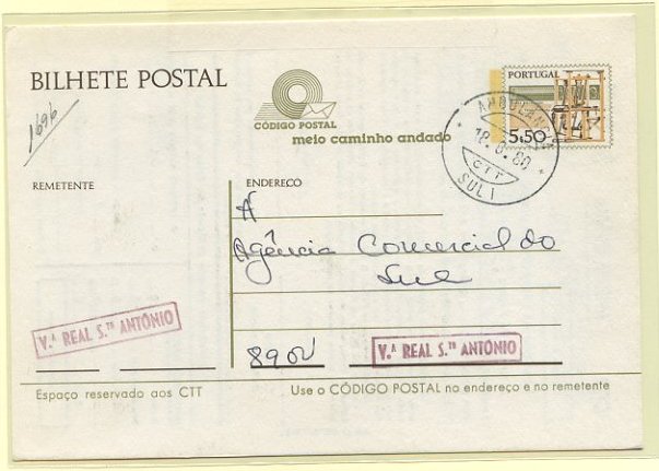 23Lis_0872.jpg -     Lote:    872            Correio Ferroviário       Descrição:         Correios Ferroviário. 1979 &mdash; Instrumentos do Trabalho OM170, 5$50, circulado pela Ambulância Sul II (18.08.80) em Vila Real de St.º António. Inteiro repicado no verso pela Companhia dos Caminhos de Ferro Portugueses (22-066 F90). Na frente e verso carimbos nominativos ferroviários batidos a lilás de VILA REAL DE STO ANTÓNIO.        IC       Valor Base:     &euro; 10,00     Valor Venda:     Retirado     