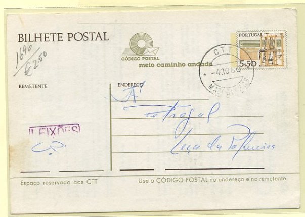 23Lis_0874.jpg -     Lote:    874            Correio Ferroviário       Descrição:         Correios Ferroviário. 1979 &mdash; Instrumentos do Trabalho. OM182, 5$50, circulado em Matosinhos (04.10.1980). Inteiro repicado no verso pela Companhia dos Caminhos de Ferro Portugueses (22-066 F90). Na frente e verso carimbos nominativos ferroviários batidos a violeta de "LEIXÕES".        IC       Valor Base:     &euro; 20,00     Valor Venda:     Retirado     