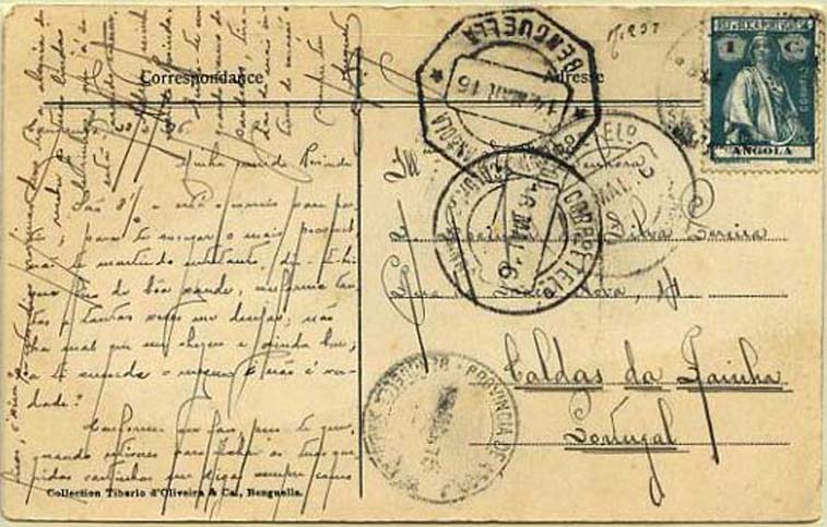 23Lis_0878.jpg -     Lote:    878            Correio Ferroviário       Descrição:         Correio ferroviário. Postal ilustrado com selo de 1c verde, tipo Ceres, circulado de Cangamba (23.02.16) para Caldas da Rainha (13.05.16) com trânsito pela Ambulância Ferroviária descendente do C. F. de Benguela (13.03.16) e Benguela (14.03.16).        PI       Valor Base:     &euro; 15,00     Valor Venda:     &euro; 15,00     