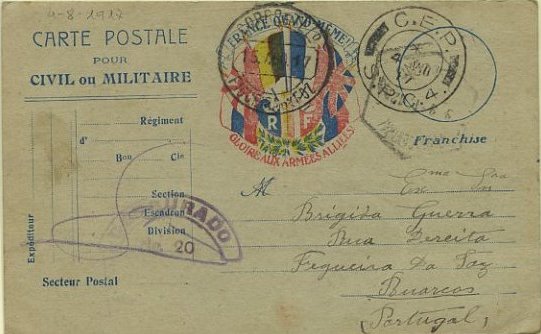 23Lis_0881.jpg -     Lote:    881            Correio Militar       Descrição:         1.ª Guerra Mundial. Cartão postal alegórico às forças aliadas, isento de franquia, distribuído a militar português, circulado do S.P.C.4 (04.08.17) para a Figueira da Foz (15.08.17), censurado em Lisboa.        PI       Valor Base:     &euro; 6,00     Valor Venda:     Retirado     