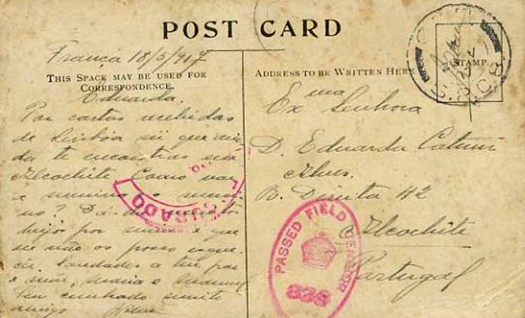 23Lis_0883.jpg -     Lote:    883            Correio Militar       Descrição:         1.ª Guerra Mundial. Isentos de franquia e censuras. Postal ilustrado circulado isento de franquia do S.P.C. 8 (18.05.17) para Alcochete. Censurado pelos ingleses e em Portugal. Postal ilustrado com tema militar inglês.        PI       Valor Base:     &euro; 5,00     Valor Venda:     &euro; 5,00     