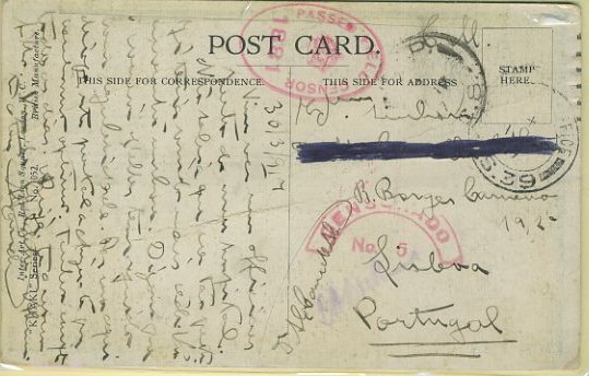 23Lis_0884.jpg -     Lote:    884            Correio Militar       Descrição:         1.ª Guerra Mundial. Isentos de Franquia. Postal ilustrado de militar português adido às forças inglesas, circulado isento de franquia do FPO 39 (forças inglesas) para Lisboa com trânsito pelo S.P.C 8. Censuras inglesa e portuguesa.        PI       Valor Base:     &euro; 8,00     Valor Venda:     Retirado     