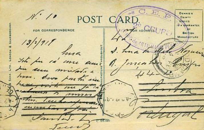 23Lis_0889.jpg -     Lote:    889            Correio Militar       Descrição:         1.ª Guerra Mundial. Treino do Corpo de Artilharia Pesada em Inglaterra. Bilhete postal remetido do Campo de Lydd em 14-2-1918 para Lisboa (4-3-1918). Isenção de franquia atribuída pela aplicação do carimbo oval a violeta C.E.P. / 2º GRUPO / CORPO DE ARTILHARIA PESADA.         IP       Valor Base:     &euro; 20,00     Valor Venda:     Retirado     