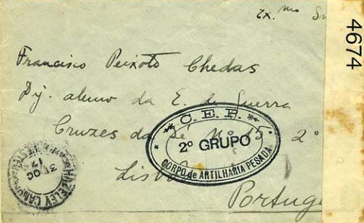 23Lis_0891.jpg -     Lote:    891            Correio Militar       Descrição:         1.ª Guerra Mundial. Treino do Corpo de Artilharia Pesada em Inglaterra. Carta isenta de franquia remetida do Campo de Hazeley Down em 31-10-1917 para Lisboa 25-11-1917. Cinta de censura Inglesa. Carimbo oval a preto C.E.P. / 2º GRUPO / CORPO DE ARTILHARIA PESADA.         Carta       Valor Base:     &euro; 25,00     Valor Venda:     Retirado     