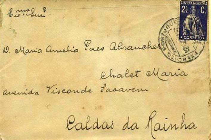 23Lis_0894.jpg -     Lote:    894            Correio Militar       Descrição:         1.ª Guerra Mundial. Manobras militares em Tancos. Carta franquiada com selo tipo "Ceres" de 2 &frac12; centavos obliterado com a marca de dia EXÉRCITO PORTUGUÊS 1ª DIVISÂO SERVIÇO POSTAL de 12-10-1916 remetida para as Caldas da Rainha (15-10-16). MB e Rara.        PI       Valor Base:     &euro; 75,00     Valor Venda:     Retirado     