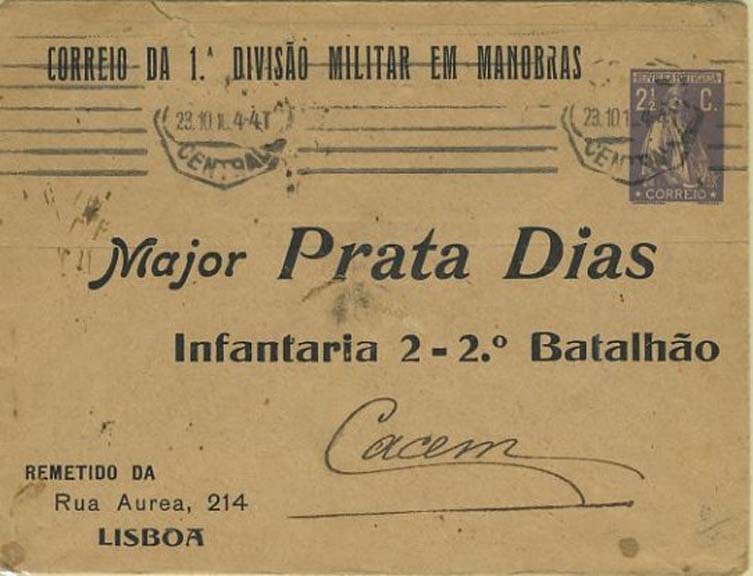 23Lis_0898.jpg -     Lote:    898            Correio Militar       Descrição:         1.ª Guerra Mundial. Manobras militares em Tancos. Carta inteira de 2 &frac12; centavos CE com impressão do remetente e do destinatário. CORREIO DA 1ª DIVISÃO MILITAR EM MANOBRAS remetida em 23-10-1916 para o Cacém 24-10.        IC       Valor Base:     &euro; 50,00     Valor Venda:     Retirado     