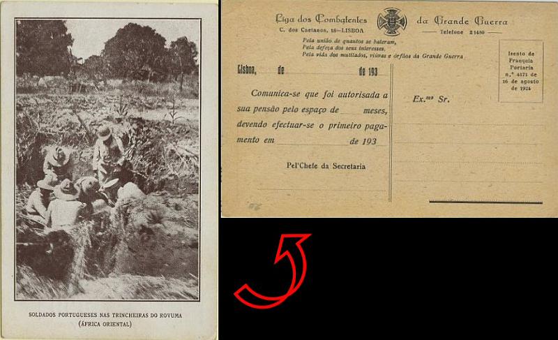 23Lis_0902.jpg -     Lote:    902            Correio Militar       Descrição:         Isentos de franquia. Liga dos Combatentes da Grande Guerra. Postal ilustrado novo (Soldados portugueses nas trincheiras do Rovuma * África Oriental)) com impressão de isenção de franquia ao abrigo da Portaria n.º 4171 de 16 de Agosto de 1924.        PI       Valor Base:     &euro; 10,00     Valor Venda:     &euro; 10,00     