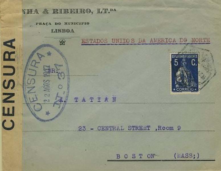 23Lis_0904.jpg -     Lote:    904            Correio Militar       Descrição:         1.ª Guerra Mundial. Carta comercial franquiada com selo tipo "Ceres" de 5 centavos CE de Lisboa remetida em 8-1917 para Boston, USA. Cinta de censura e carimbo oval de censura N.º 37 de Lisboa batido a azul de 22-8-1917.        Carta       Valor Base:     &euro; 10,00     Valor Venda:     Retirado     