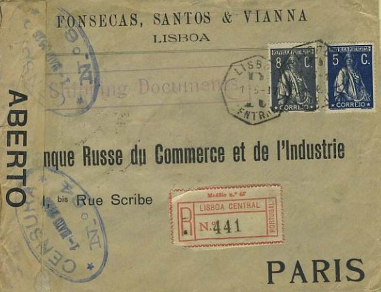 23Lis_0905.jpg -     Lote:    905            Correio Militar       Descrição:         1.ª Guerra Mundial. Carta comercial registada franquiada com selos tipo "Ceres" de 5 e 8 centavos CE remetida de Lisboa a 1-5-1917 para Paris (6-5-1917). Cinta de censura e carimbo oval de censura N.º 64 de Lisboa batido a azul de 1-5-1917. Carimbo batido a violeta "SHIPPING DOCUMENTS"        Carta       Valor Base:     &euro; 50,00     Valor Venda:     Retirado     