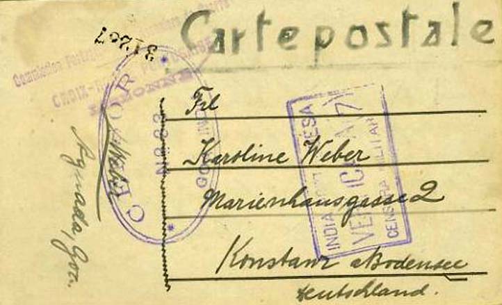 23Lis_0915.jpg -     Lote:    915            Correio Militar       Descrição:         1.ª Guerra Mundial. Prisioneiro de Guerra Alemão na Índia Portuguesa. Postal ilustrado "Carte postale" remetido isento de franquia do Campo de Agoada (16.03.19) para a Alemanha. Carimbo da Comissão Portuguesa de Prisioneiros de Guerra batido a violeta, carimbo oval "CENSOR N.º 33 / GOA &mdash; ÍNDIA" batido a violeta, carimbo rectangular "ÍNDIA PORTUGUESA / VERIFICADA (7) / CENSURA MILITAR". MB e MR.         PI       Valor Base:     &euro; 150,00     Valor Venda:     Retirado     