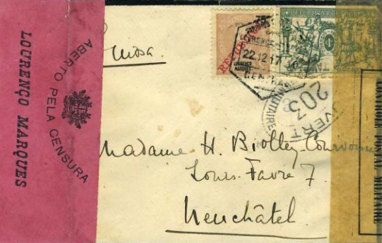 23Lis_0916.jpg -     Lote:    916            Correio Militar       Descrição:         1.ª Guerra Mundial. Carta franquiada com selo de 75 ctv tipo Mouchon de Lourenço Marques , com sobrecarga REPÚBLICA e selo de taxa de guerra de 1 ctv remetida de Lourenço Marques de 22-12-1917 para a Suiça. Cinta de censura rosa de Lourenço Marques e dos serviços de censura Francesa.        Carta       Valor Base:     &euro; 50,00     Valor Venda:     Retirado     