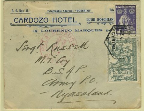 23Lis_0917.jpg -     Lote:    917            Correio Militar       Descrição:         1.ª Guerra Mundial. Censuras e Taxa de Guerra. Sobrescrito circulado de Lourenço Marques (29.04.18) para Niassalândia *BSAP/Army P. O. (16.05.18), com trânsito pelo Chinde (08.05.18) com selo Ceres de 2 &frac12; c + Taxa de Guerra 1c verde. Carimbo de censura de duplo círculo, batido a vermelho "PASSOU PELA CENSURA / LOURENO MARQUES". MB e rara circulação.        Carta       Valor Base:     &euro; 30,00     Valor Venda:     Retirado     