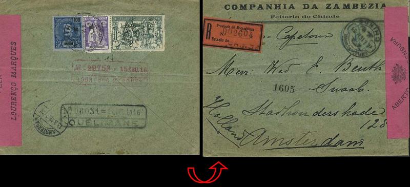 23Lis_0918.jpg -     Lote:    918            Correio Militar       Descrição:         1.ª Guerra Mundial. Carta timbrada da Companhia da Zambézia / Feitoria do Chinde, registada, franquiada com selo tipo D. Carlos Mouchon de 100 réis da Zambézia, selo tipo "Ceres" de Lourenço Marques de 2 &frac12; ctvs e selo de taxa de guerra de 1 ctv, remetida do Chinde 27-7-1916 para Amsterdão 13-9-1916. Carimbos de registo rectangulares, numerados e datados a preto de Quelimane 29-7-1916 e a vermelho de Lourenço Marques. Cinta de censura rosa de L. Marques.        Carta       Valor Base:     &euro; 125,00     Valor Venda:     &euro; 420,00     