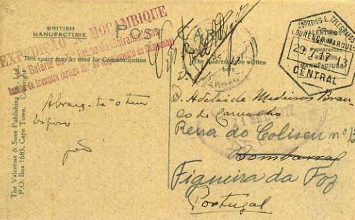 23Lis_0921.jpg -     Lote:    921            Correio Militar       Descrição:         1.ª Guerra Mundial. Expedição Militar a Moçambique. Bilhete postal remetido de Lourenço Marques 29-7-17 para o Bombarral e reendereçado para a Figueira da Foz. Marca de censura oval de Lisboa datada de 21-9-1917. Carimbo linear a vermelho da 3 ª BATERIA DO 1º GRUPO de METRALHADORAS.        PI       Valor Base:     &euro; 100,00     Valor Venda:     Retirado     