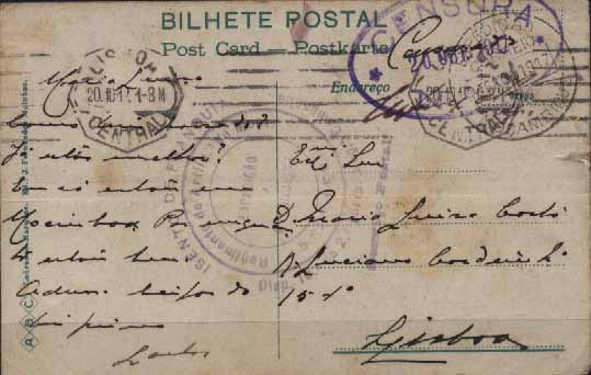 23Lis_0923.jpg -     Lote:    923            Correio Militar       Descrição:         1914/19 &mdash; 1.ª Guerra Mundial. Expedição Militar a Moçambique. Postal ilustrado circulado isento de franquia de Moçambique (16.08.17) para Lisboa (20.10.17), onde foi censurado. Carimbo batido a preto da Expedição Militar a Moçambique + carimbo batido a violeta da unidade militar "ISENTO DE FRANQUIA / DISP. 10 DA 2.ª PARTE DO REG. DE CAMPANHA / REGIMENTO DE ARTILHA. DE MONT. / 5.ª BATERIA / EXPEDIÇÃO A MOÇAMBIQUE". MB e R.        PI       Valor Base:     &euro; 175,00     Valor Venda:     &euro; 240,00     