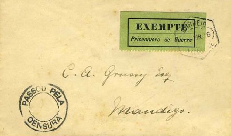 23Lis_0925.jpg -     Lote:    925            Correio Militar       Descrição:         1.ª Guerra Mundial. Carta remetida por prisioneiro de Guerra Alemão internado no Campo de Macequece (15-6-1916) para Mandigo. Carimbo de censura circular e etiqueta em papel verde, com a inscrição EXEMPTÉ / Prisonniers de Guerre. MB e MR.         Carta       Valor Base:     &euro; 250,00     Valor Venda:     &euro; 950,00     