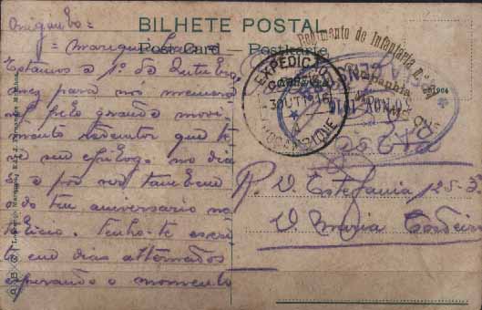 23Lis_0927.jpg -     Lote:    927            Correio Militar       Descrição:         1914/19 &mdash; 1.ª Guerra Mundial. Expedição Militar a Moçambique. CENSURAS. Postal ilustrado circulado isento de franquia de Moçambique (30.10.16) para Lisboa (30.11.16), onde foi censurado. Carimbo batido a preto da Expedição Militar a Moçambique + carimbo batido a verde da unidade militar "REGIMENTO DE INFANTARIA N.º 24 / 10.ª COMPANHIA / EXPEDIÇÃO A MOÇAMBIQUE". Raro carimbo oval, batido a violeta "PASSOU PELA CENSURA / 30 NOV 1916" de Lisboa, não numerado. MB e MR.        PI       Valor Base:     &euro; 250,00     Valor Venda:     Retirado     