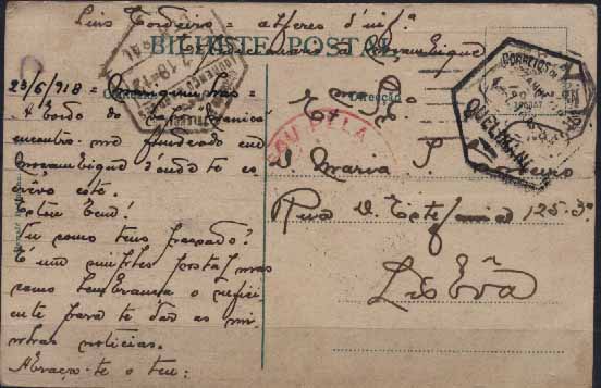 23Lis_0928.jpg -     Lote:    928            Correio Militar       Descrição:         1914/19 &mdash; 1.ª Guerra Mundial. Expedição Militar a Moçambique. Postal ilustrado escrito a bordo do "Vapor Manica" em 23.06.1918, e circulado isento de franquia por Quelimane (04.07.18), para Lisboa, com trânsito por L. Marques (21.07.18). Isenção por inscrição mansucrita a preto "Luís Cordeiro &mdash; Alferes d'Inf.ª / Expedicionário a Moçambique". MB e R.        PI       Valor Base:     &euro; 25,00     Valor Venda:     &euro; 25,00     