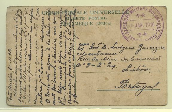 23Lis_0930.jpg -     Lote:    930            Correio Militar       Descrição:         1.ª Guerra Mundial. Expedição a Moçambique. Postal ilustrado (Hospital Militar e Civil de Moçambique) circulado isento de franquia de Porto Amélia (30.01.16) para Lisboa. Carimbo batido a lilás "EXPEDIÇÃO MILITAR A MOÇAMBIQUE / 30 JAN. 1916 / SERVIÇO POSTAL".        PI       Valor Base:     &euro; 20,00     Valor Venda:     &euro; 20,00     
