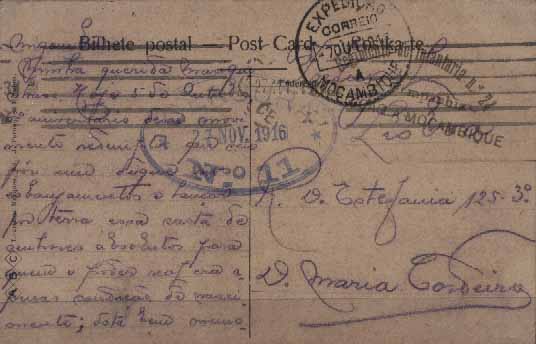 23Lis_0932.jpg -     Lote:    932            Correio Militar       Descrição:         1914/19 &mdash; 1.ª Guerra Mundial. Expedição Militar a Moçambique. Postal ilustrado circulado isento de franquia de Moçambique (07.10.16) para Lisboa (27.11.16), onde foi censurado. Carimbo batido a preto da Expedição Militar a Moçambique + carimbo batido a verde da unidade militar "REGIMENTO DE INFANTARIA N.º 24 / 10.ª COMPANHIA / EXPEDIÇÃO A MOÇAMBIQUE" MB e R.        PI       Valor Base:     &euro; 175.0     Valor Venda:     &euro; 220,00     