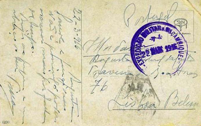 23Lis_0934.jpg -     Lote:    934            Correio Militar       Descrição:         1.ª Guerra Mundial. Expedição Militar a Moçambique. Bilhete postal com carimbo da Expedição Militar a Moçambique batido a violeta remetido em 22-3-1916 para Lisboa.         PI       Valor Base:     &euro; 15,00     Valor Venda:     Retirado     