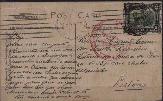 23Lis_0936.jpg -     Lote:    936            Correio Militar       Descrição:         1914/19 &mdash; 1.ª Guerra Mundial. Censuras. Expedição Militar a Moçambique. Postal ilustrado circulado de Palma * Companhia do Niassa (07.08.17) pata Lisboa (28.05.17) com selo de 10 reis verde CE54. Carimbo circular batido a vermelho "PASSOU PELA CENSURA / EXPEDIÇÃO / A / MOÇAMBIQUE". MB e R.        PI       Valor Base:     &euro; 50,00     Valor Venda:     &euro; 180,00     