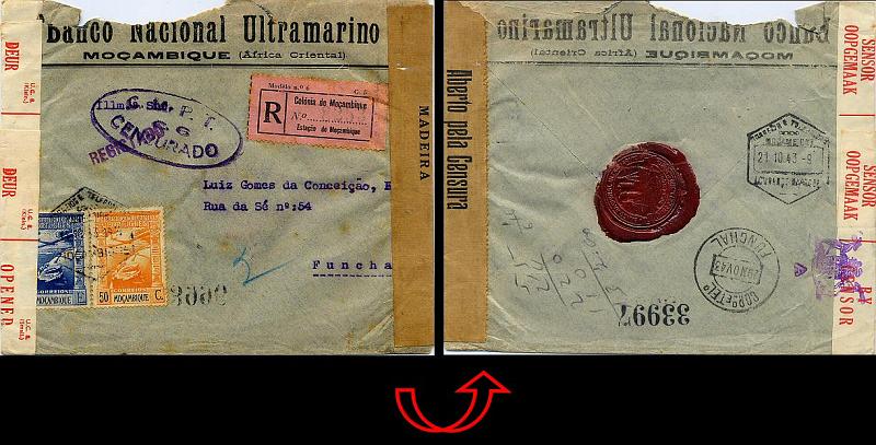 23Lis_0938.jpg -     Lote:    938            Correio Militar       Descrição:         2.ª Guerra Mundial. Censuras. Sobrescrito circulado registado de Moçambique (11.10.43) para o Funchal (29.11.43) com trânsito por Lourenço Marques (21.10.43) e franquiado com selos de 50c e 1E Império Colonial Português. Censurado na África do Sul (cinta) e na Madeira com cinta em papel kraft + carimbo oval batido a violeta "C. M. P. T. / C. 6 / CENSURADO). Defeito no bordo superior do sobrescrito.        Carta       Valor Base:     &euro; 15,00     Valor Venda:     Retirado     