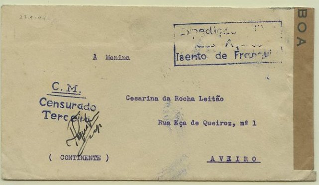 23Lis_0941.jpg -     Lote:    941            Correio Militar       Descrição:         2.ª Guerra Mundial. Censuras. Sobrescrito circulado isento de franquia da Terceira para Aveiro (13.02.44). Carimbo de isenção batido a azul "EXPEDIÇÃO MILITAR / AOS AÇORES / ISENTO DE FRANQUIA" e "C. M. / CENSURADO / TERCEIRA". Cinta da censura de Lisboa com legendas a verde. MB.        Carta       Valor Base:     &euro; 30,00     Valor Venda:     Retirado     