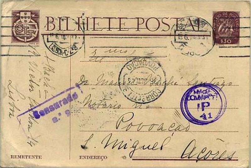 23Lis_0944.jpg -     Lote:    944            Correio Militar       Descrição:         1943 &mdash; Selo tipo Caravela. OM98, $30 castanho, circulado de Lisboa (18.06.44) para Povoação * Açores (26.06.44). Duplamente censurado.        IC       Valor Base:     &euro; 10,00     Valor Venda:     Retirado     
