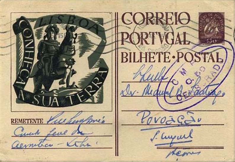 23Lis_0947.jpg -     Lote:    947            Correio Militar       Descrição:         1944 &mdash; Conheça a sua Terra. 3.ª série SPP. Selo tipo Caravela. OM104 (R &mdash; Lisboa), $30 castanho, desenhos impressos a cinzento esverdeado, circulado de Lisboa (23.02.45) para Povoação * Açores (15.03.45). Censurado.        IC       Valor Base:     &euro; 10,00     Valor Venda:     Retirado     
