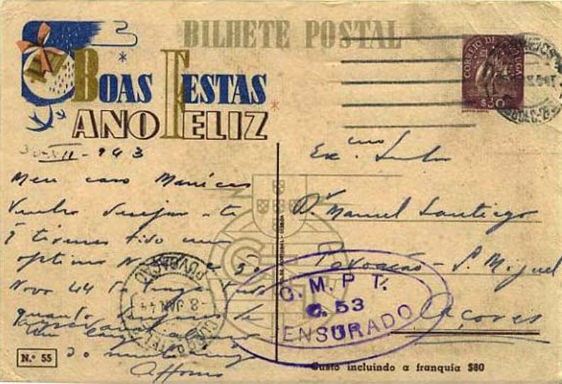 23Lis_0948.jpg -     Lote:    948            Correio Militar       Descrição:         1943 &mdash; Boas Festas. Tipo Caravela. OM102 (55 &mdash; Adoração do Menino), circulado de Lisboa (30.12.43) para Povoação * Açores (08.01.44). Censurado.        IC       Valor Base:     &euro; 10,00     Valor Venda:     &euro; 10,00     