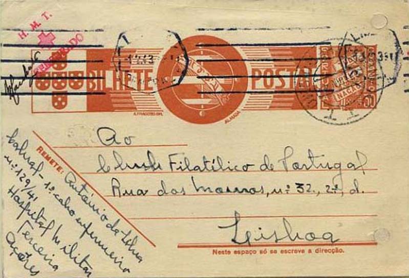 23Lis_0949.jpg -     Lote:    949            Correio Militar       Descrição:         2.ª Guerra Mundial. Censuras. Inteiro postal Tudo pela Nação de $30 ocre-castanho, OM94, circulado de Angra do Heroísmo (23.01.43) para Lisboa (01.02.43). Furos de arquivo reparados. Marca de censura batida a vermelho "H. M. T. / CRUZ VERMELHA / CENSURADO".        IC       Valor Base:     &euro; 30,00     Valor Venda:     &euro; 10,00     