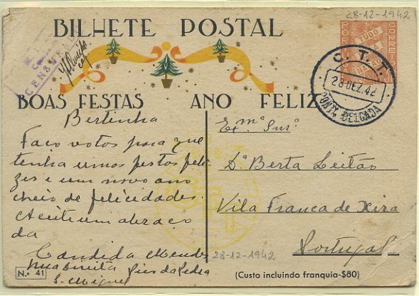 23Lis_0950.jpg -     Lote:    950            Correio Militar       Descrição:         2.ª Guerra Mundial. Censuras. Inteiro Postal de Boas Festas, com selo tipo Tudo pela Nação de $30 OM96 * 41 (Adoração do menino), circulado de Ponta Delgada (28.12.42) para Vila Franca de Xira. Marca de censura rectangular batida a violeta "R. I. 22 / COMANDO / CENSURADO".        IC       Valor Base:     &euro; 20,00     Valor Venda:     Retirado     