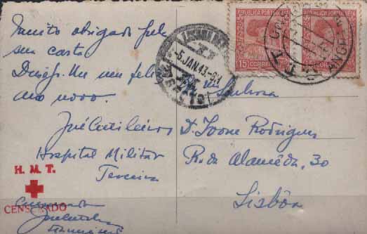 23Lis_0952.jpg -     Lote:    952            Correio Militar       Descrição:         1939/45 &mdash; 2.ª Guerra Mundial. Censuras dos Açores. Postal ilustrado circulado de Angra do Heroísmo (27.12.43) para Lisboa (05.01.43) com par de selos de 15c Infante D. Henrique CE569. Carimbo batido a vermelho "H. M. T. / CENSURADO". B.        PI       Valor Base:     &euro; 25,00     Valor Venda:     &euro; 40,00     
