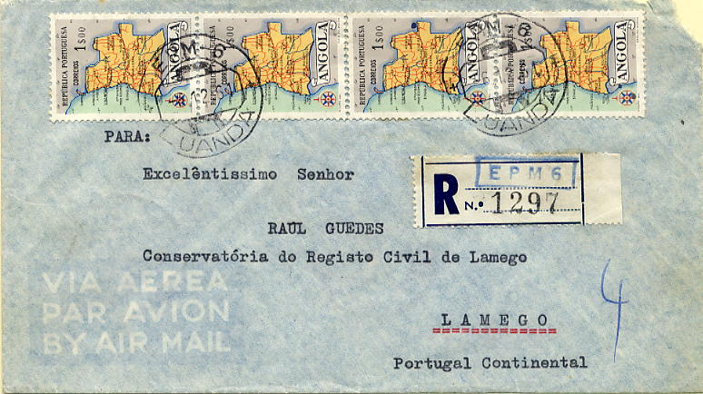23Lis_0959.jpg -     Lote:    959            Correio Militar       Descrição:         Guerra Colonial * Angola &mdash; Sobrescrito circulado registado da EPM-6 (06.12.61) para Lamego (11.12.61). Barreiros Ag-2. Marca de dia de registo utilizada pela EPM-6, em Luanda. A data mais antiga conhecida segundo Barreiros. MB.        Carta       Valor Base:     &euro; 40,00     Valor Venda:     &euro; 40,00     