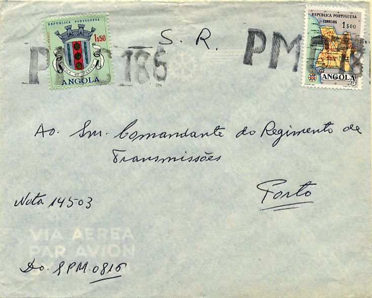 23Lis_0960.jpg -     Lote:    960            Correio Militar       Descrição:         Guerra Colonial * Angola &mdash; Sobrescrito circulado isento de franquia do PMC 186 para o Porto. Marca nominativa batida a preto "P M C 186" (Barreiros Ag-66).        Carta       Valor Base:     &euro; 50,00     Valor Venda:     &euro; 240,00     