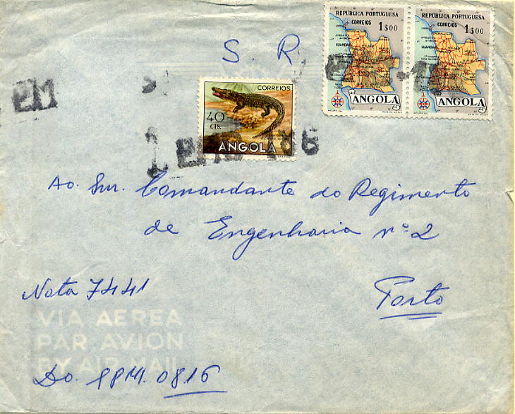 23Lis_0961.jpg -     Lote:    961            Correio Militar       Descrição:         Guerra Colonial * Angola &mdash; Sobrescrito circulado isento de franquia do PMC 186 para o Porto. Marca nominativa batida a preto "P M C 186" (Barreiros Ag-65).        Carta       Valor Base:     &euro; 50,00     Valor Venda:     &euro; 50,00     