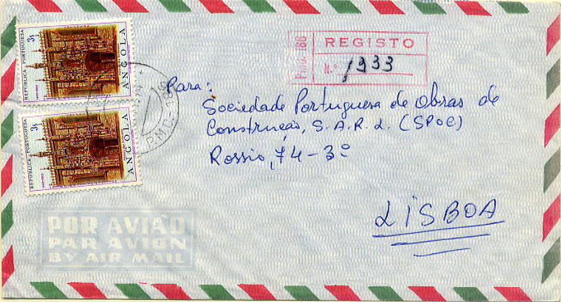 23Lis_0962.jpg -     Lote:    962            Correio Militar       Descrição:         Guerra Colonial * Angola &mdash; Sobrescrito circulado registado do PMC.186 (??-11.74) para Lisboa (02.12.74). Marca de dia batida a preto (Barreiros Ag-53) + marca de registo batida a vermelho (Barreiros Ag-111). MB.        Carta       Valor Base:     &euro; 10,00     Valor Venda:     &euro; 10,00     