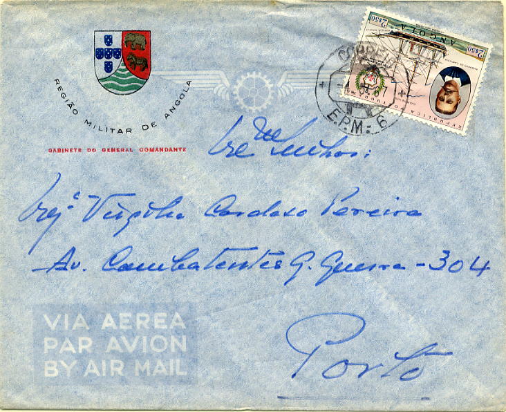 23Lis_0964.jpg -     Lote:    964            Correio Militar       Descrição:         Guerra Colonial * Angola. Sobrescrito timbrado da Região Militar de Angola / Gabinete do general Comandante, circulado registado da EPM 6 (04.05.67) para o Porto. Marca de dia (registo) batida a preto da EPM6 (Barreiros Ag-5).        Carta       Valor Base:     &euro; 6,00     Valor Venda:     &euro; 22,00     