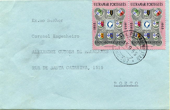 23Lis_0968.jpg -     Lote:    968            Correio Militar       Descrição:         Guerra Colonial * Cabo Verde. Sobrescrito circulado do PMC 107 (15.09.65) para o Porto. Marca de dia do PMC 107 batido a preto (Barreiros CV-3).        Carta       Valor Base:     &euro; 5,00     Valor Venda:     &euro; 16,00     