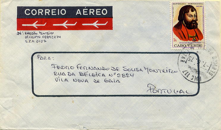 23Lis_0971.jpg -     Lote:    971            Correio Militar       Descrição:         Guerra Colonial * Cabo Verde. Sobrescrito circulado do PMC 117 (07.06.75) para Vila Nova de Gaia. Marca de dia batida a preto do PMC 117 (Barreiros Cv-4).        Carta       Valor Base:     &euro; 6,00     Valor Venda:     &euro; 36,00     