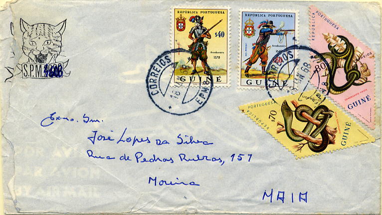 23Lis_0973.jpg -     Lote:    973            Correio Militar       Descrição:         Guerra Colonial * Guiné &mdash; Lote de dois sobrescritos circulados da EPM 8 para a Maia em 16.01.68 e 30.01.69. Marcas de dia batidas a preto da EPM 8 tipo Barreiros Gn-1 e Gn-3        Carta       Valor Base:     &euro; 5,00     Valor Venda:     &euro; 5,00     