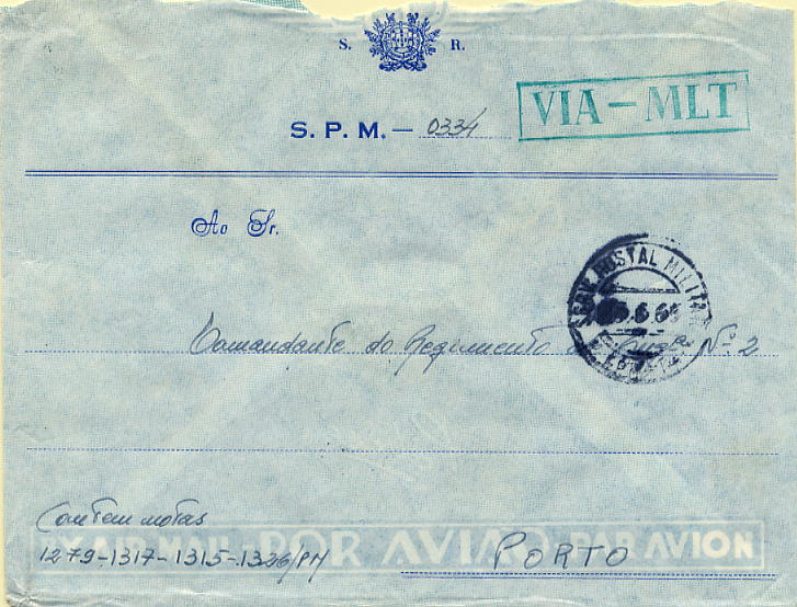 23Lis_0974.jpg -     Lote:    974            Correio Militar       Descrição:         Guerra Colonial * Moçambique. Sobrescrito circulado isento de franquia da EPM-14 (06.06.65) para Lapa/Porto (08.06.65). Marca de dia batida a preto (Barreiros Mo-14) + marca rectangular batida a verde "VIA &mdash; MLT" (Barreiros Mo-107). Cor não referenciada por Barreiros.        Carta       Valor Base:     &euro; 50,00     Valor Venda:     &euro; 220,00     